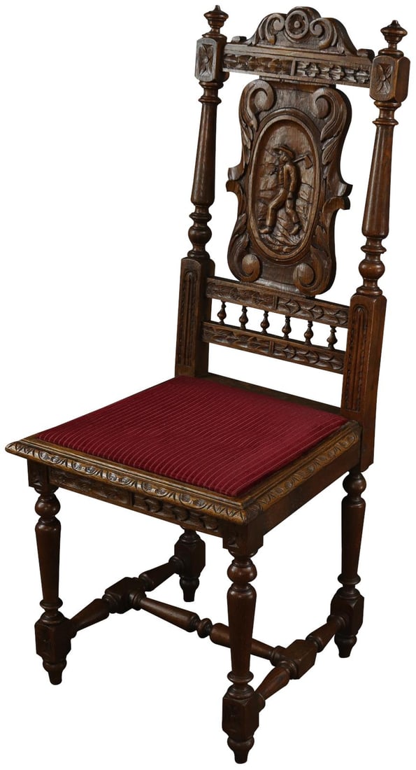 Antique French Brittany Chair 1890 Chestnut Velour Red Upholstery: Antique French Brittany Chair 1890 Chestnut Velour Red Upholstery This exquisite hand-carved antique French Brittany chair showcases a unique design that adds character to any space. Crafted in 1890,