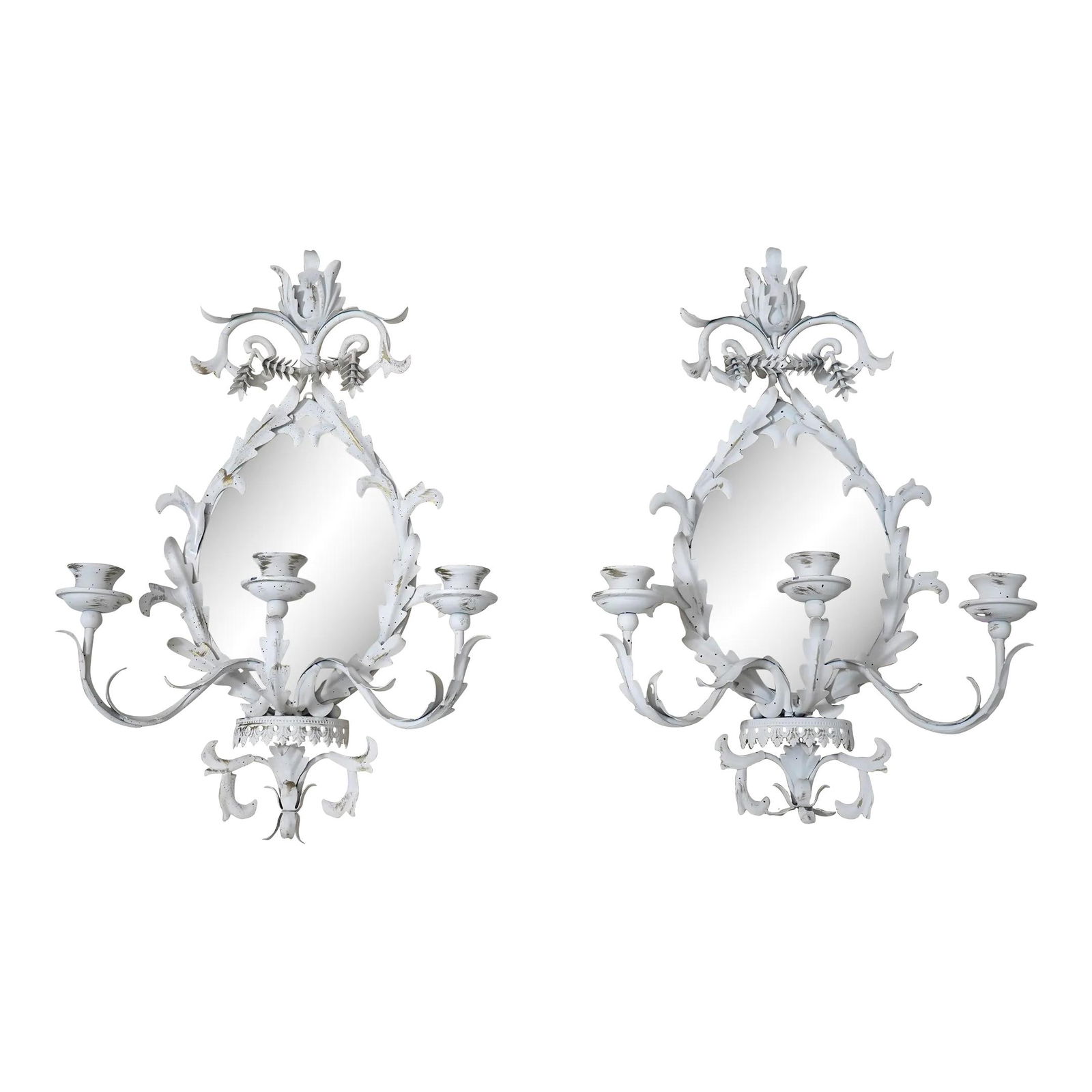 Vintage Italian Toleware Candelabra Wall Sconces Pair with Mirrors: Vintage Italian Toleware Candelabra Wall Sconces Pair with Mirrors Enhance your decor with this exquisite pair of Italian toleware mirrored candelabra wall sconces. Crafted approximately 20 years ago,