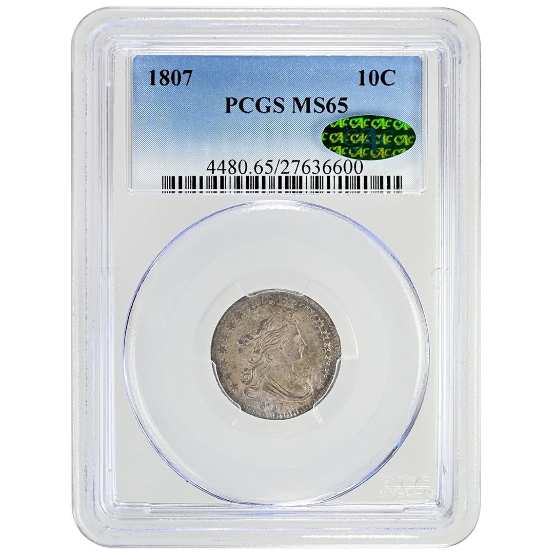 PCGS MS65 CAC 1807 Draped Bust Dime Silver Coin Philadelphia Mint: PCGS MS65 CAC 1807 Draped Bust Dime Silver Coin Philadelphia Mint This 1807 Draped Bust Dime is an uncirculated example certified by PCGS and CAC with a grade of MS65. Struck in Philadelphia, this his