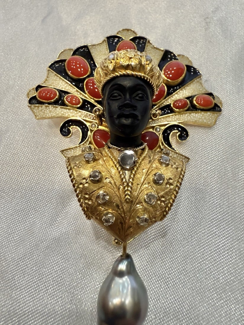 Diego Percossi Puppy 18K Gold Enamel Diamond Coral Pearl Brooch: Diego Percossi Puppy 18K Gold Enamel Diamond Coral Pearl Brooch This exquisite brooch by Diego Percossi Puppy features a stunning combination of 18K yellow gold, enamel, diamonds, coral, and pearls. W