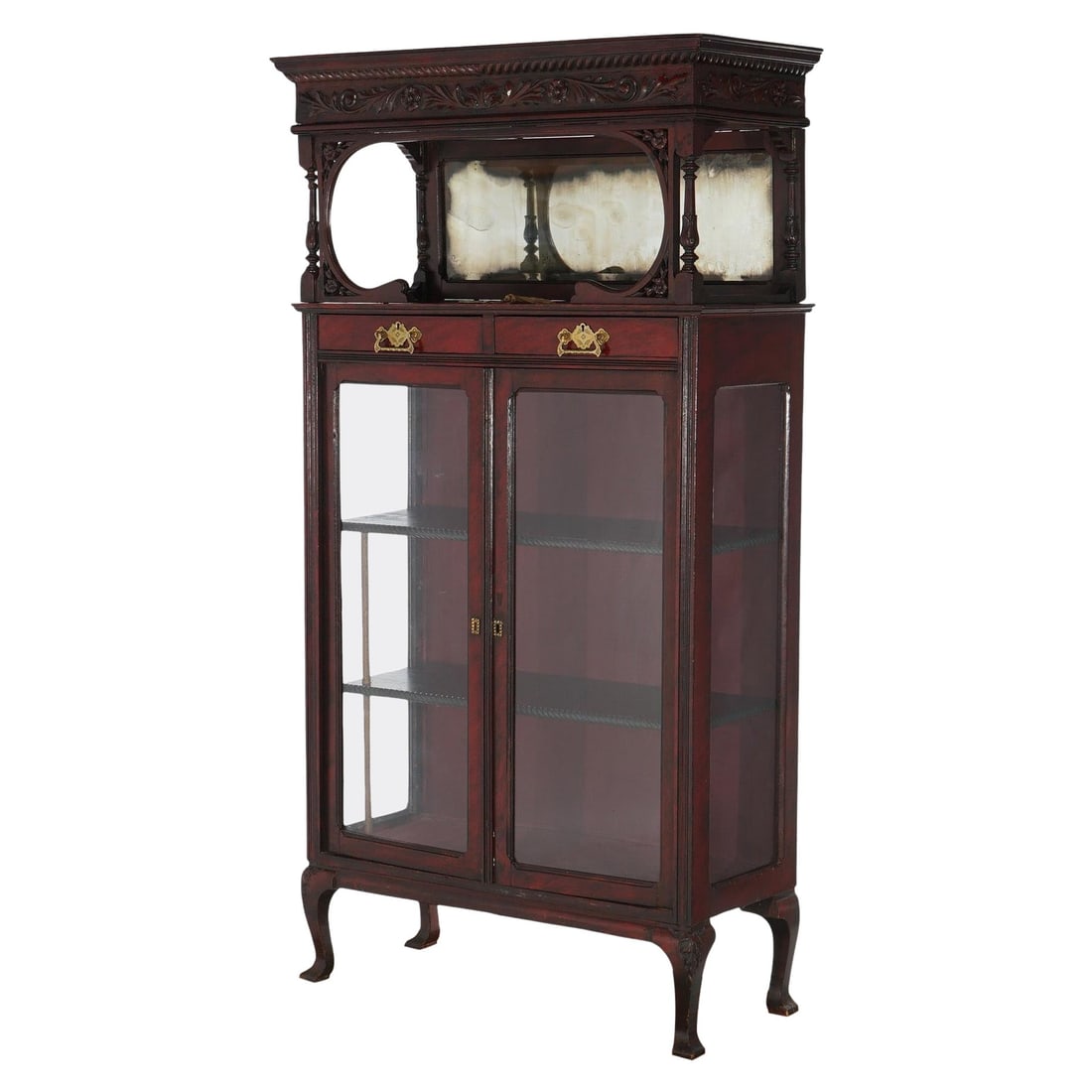 C1910 Antique Floral Carved Mahogany Mirrored China Cabinet (1 of 15)