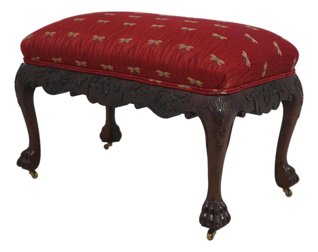 Georgian Mahogany Ottoman with Dragon Fly Upholstery on Brass Casters: Georgian Mahogany Ottoman with Dragon Fly Upholstery on Brass Casters This Baker Stately Homes Georgian Mahogany Ottoman is a stunning piece of furniture, showcasing exquisite craftsmanship and elegan