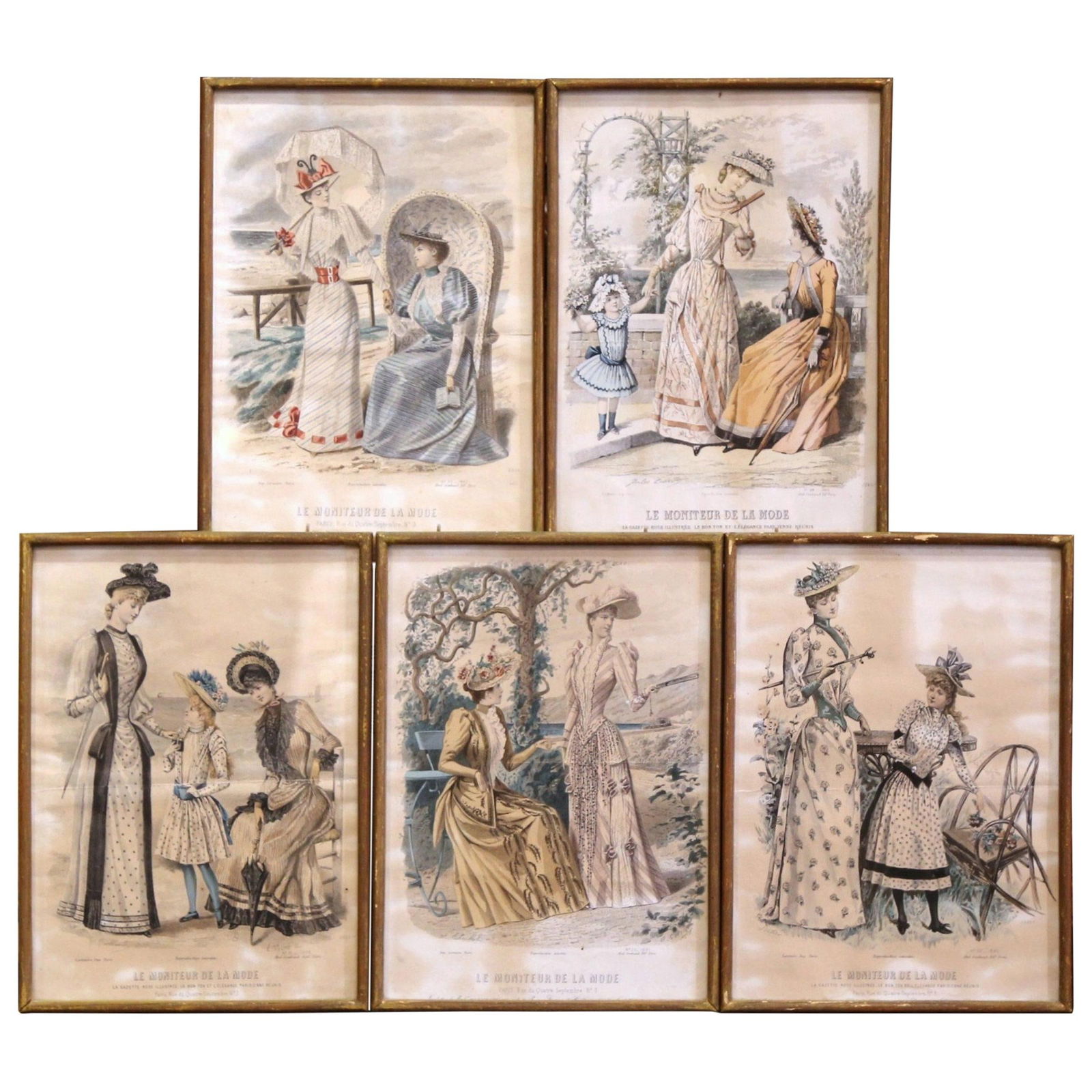 Antique Set of 5 French Fashion Prints 1890 Napoleon III Giltwood Frames: Antique Set of 5 French Fashion Prints 1890 Napoleon III Giltwood Frames This exquisite set of five 19th Century French fashion prints, dated circa 1890, showcases the elegance of women's fashion duri