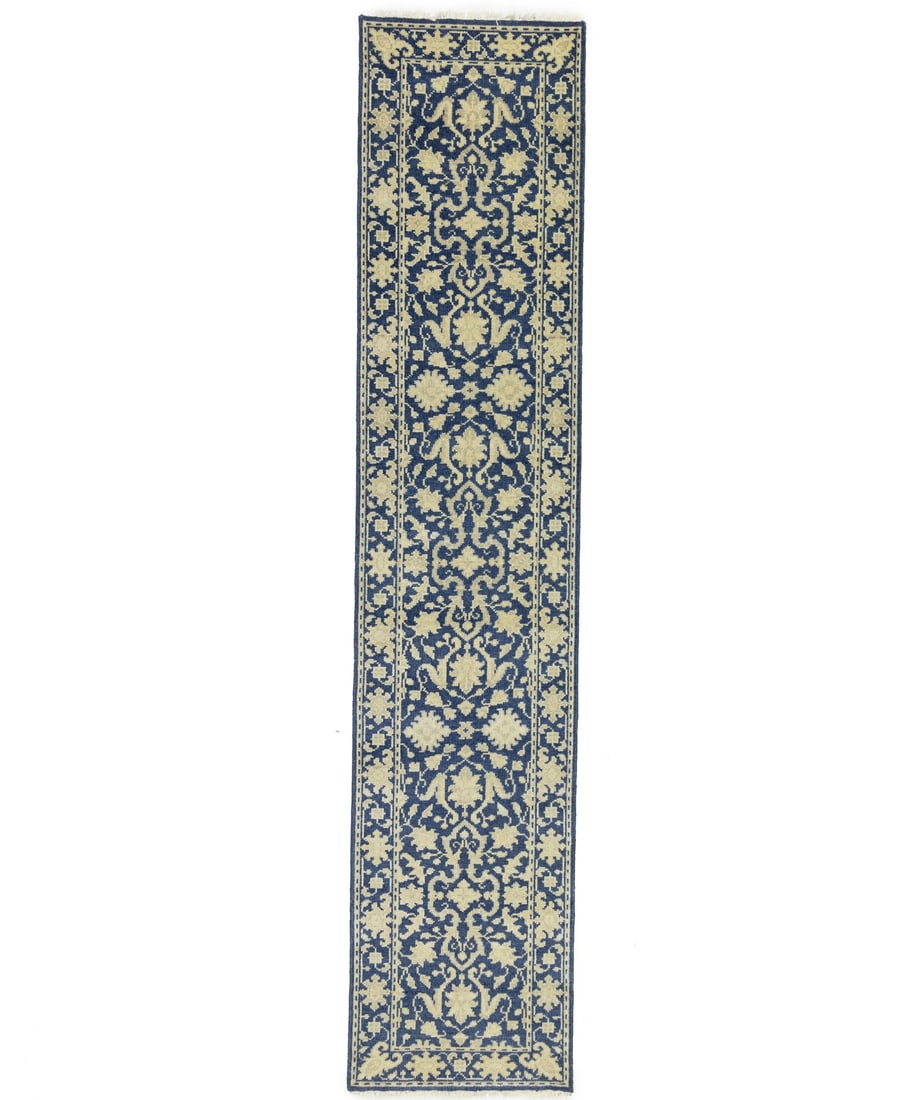 Hand-Knotted Floral Blue Wool Runner Rug 2'6 x 11'10 (1 of 16)