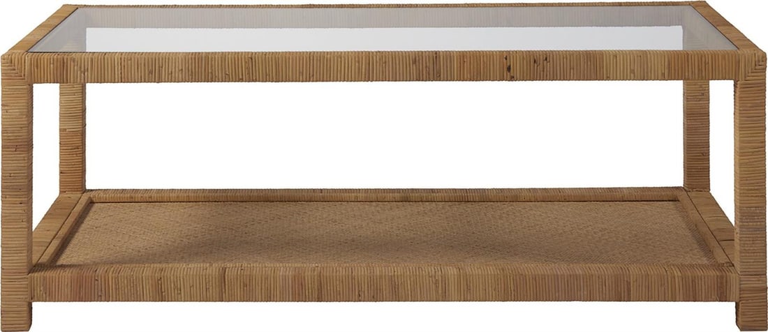Universal Coastal Rattan Glass Cocktail Table 50 x 24: Universal Coastal Rattan Glass Cocktail Table 50 x 24 Embrace a coastal vibe in your living room with this stylish rattan and glass cocktail table. Perfect for entertaining or relaxing, this table fea