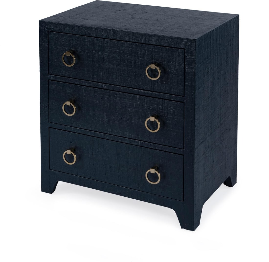 Butler Transitional Dark Navy Nightstand 28H x 25W x 16D: Butler Transitional Dark Navy Nightstand 28H x 25W x 16D Enhance your bedroom decor with this elegant Traditional Nightstand, finished in a rich Dark Navy Raffia. It features a transitional style that