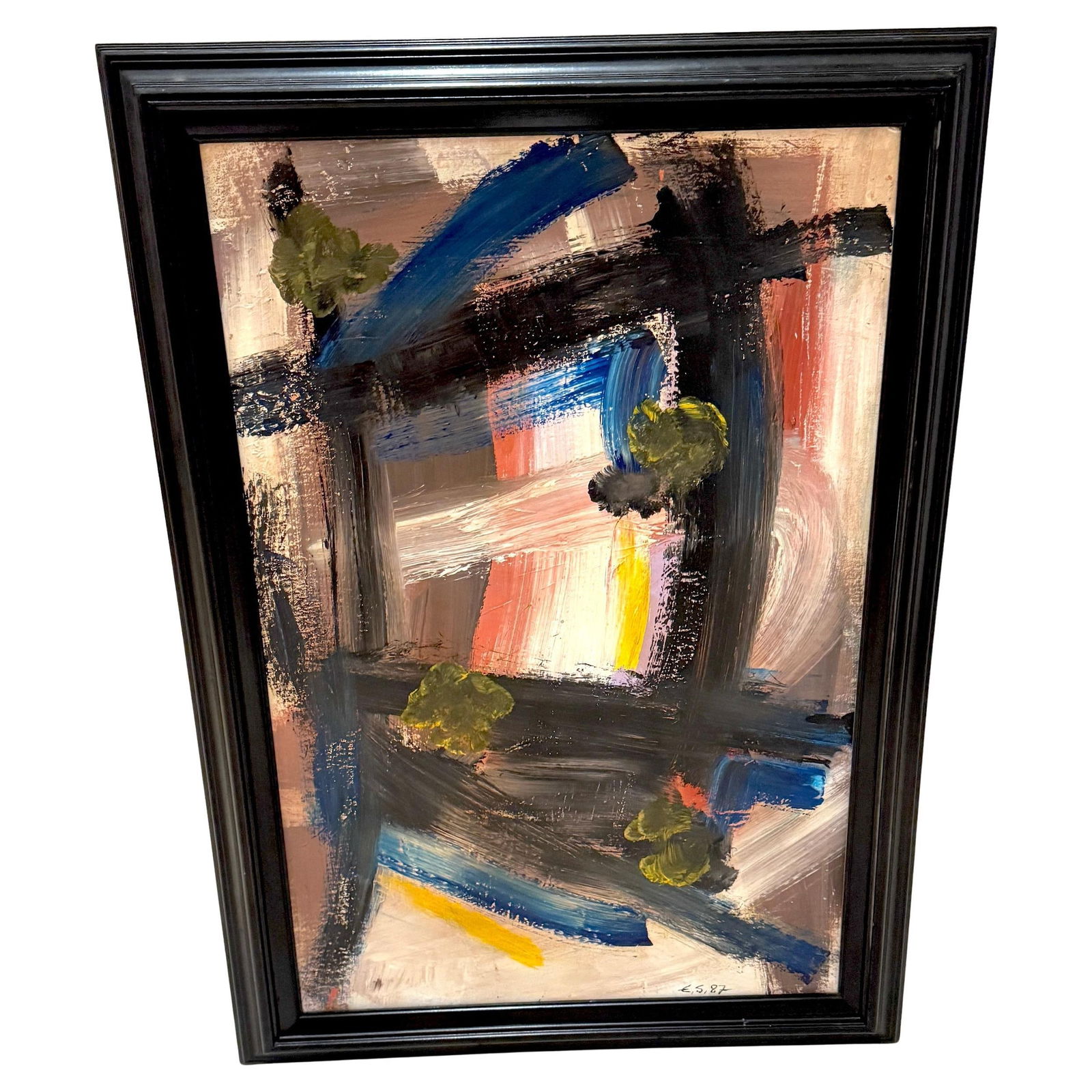 Edvins E. Strautmanis 1987 Oil on Artist Board in Black Carved Frame: Edvins E. Strautmanis 1987 Oil on Artist Board in Black Carved Frame This captivating oil painting on artist board by Edvins E. Strautmanis (1933-1992) exemplifies the artist's dynamic and expressive