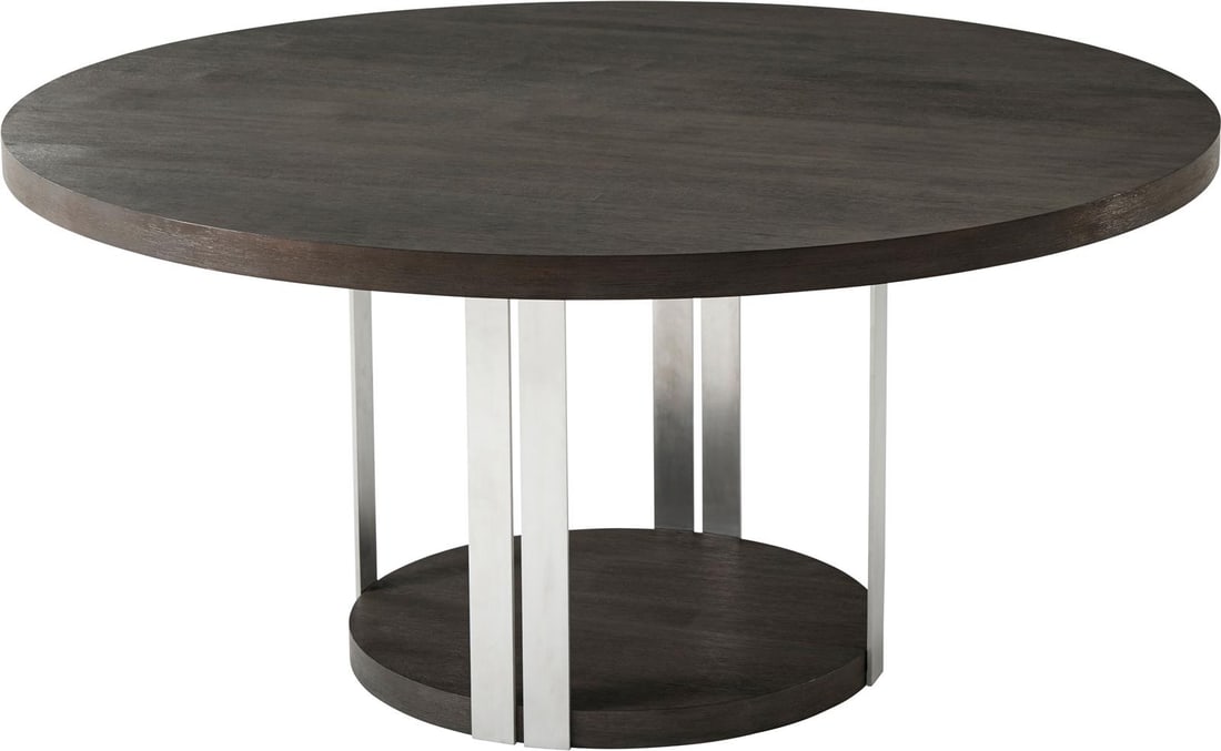 Theodore Alexander Lati Veneer Aluminum Dining Table 30H 62.25W 62.25D: Theodore Alexander Lati Veneer Aluminum Dining Table 30H 62.25W 62.25D Introducing the Elegant Lati Veneer Dining Table by Theodore Alexander, a stunning centerpiece for your dining area. This Tambura