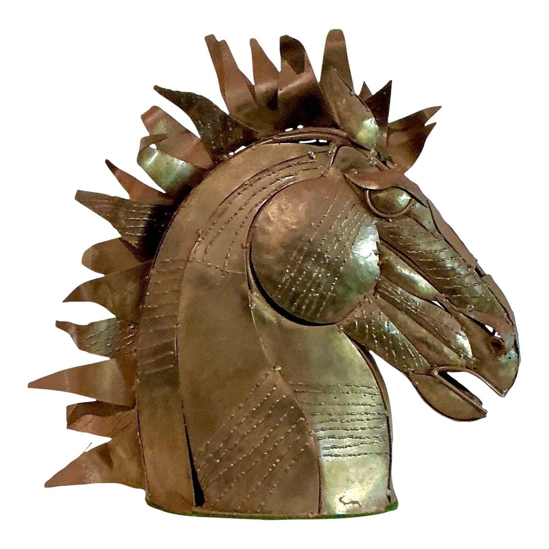 Vintage Brutalist Torch Cut Copper Horse Head Sculpture: Vintage Brutalist Torch Cut Copper Horse Head Sculpture Introduce the essence of raw artistry into your home with this stunning vintage Brutalist Torch Cut Copper Horse Head sculpture. This expressive