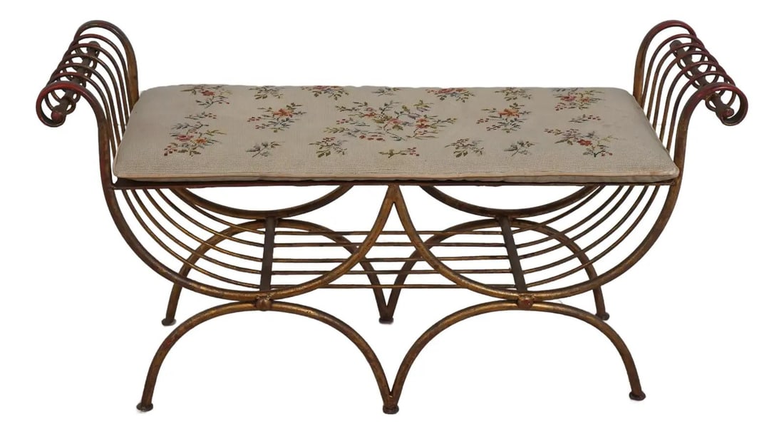 Vintage Italian Scrolled Iron Needlepoint Seat Bench Gold Finish: Vintage Italian Scrolled Iron Needlepoint Seat Bench Gold Finish This exquisite Italian scrolled iron needlepoint seat bench is a stunning blend of style and craftsmanship. Featuring a distressed pain