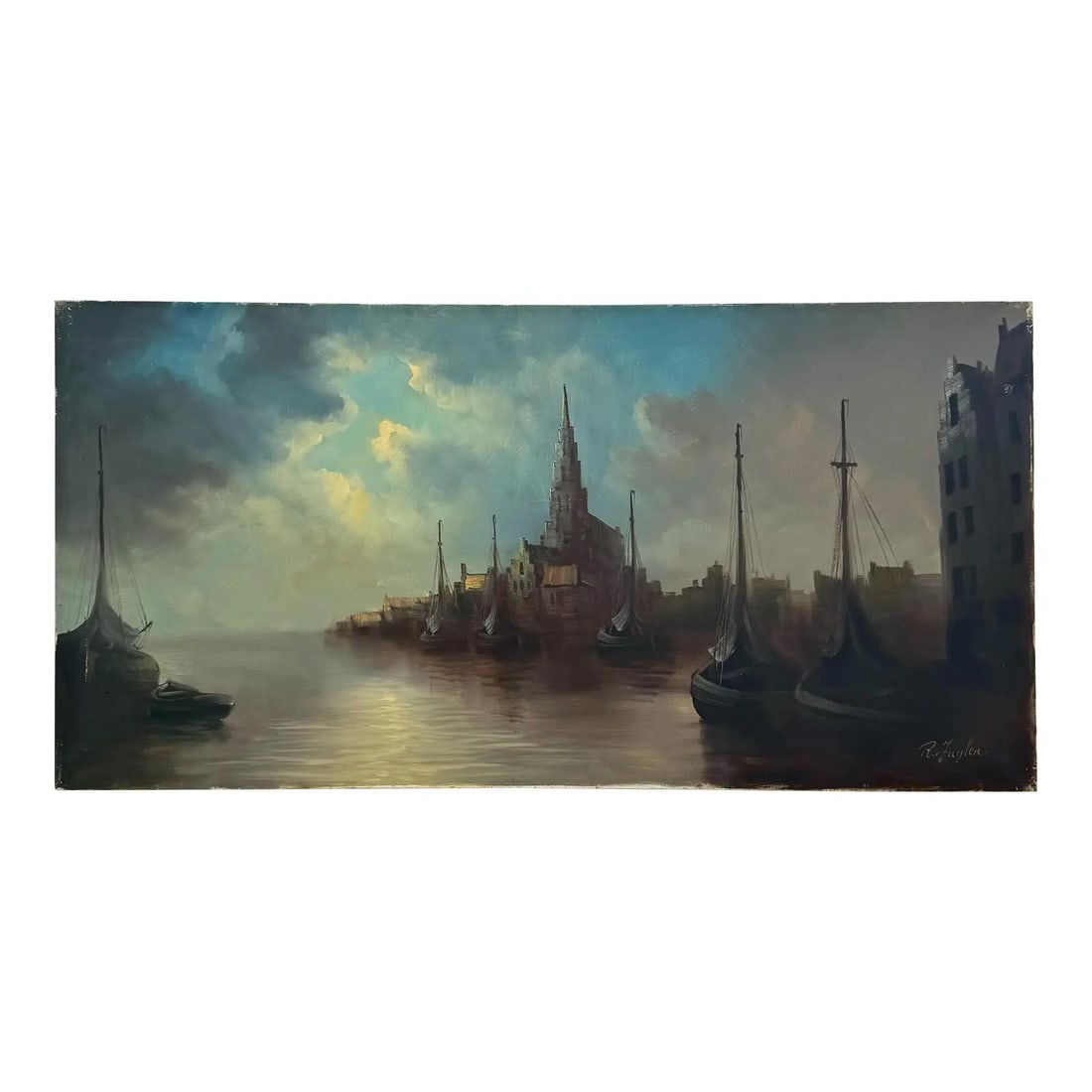 Abstract Seascape Oil Painting Signed Vintage Canvas Artwork: Abstract Seascape Oil Painting Signed Vintage Canvas Artwork This vintage Boho abstract seascape is a signed oil painting on canvas. The artwork depicts a serene bay scene with a small town on the dis