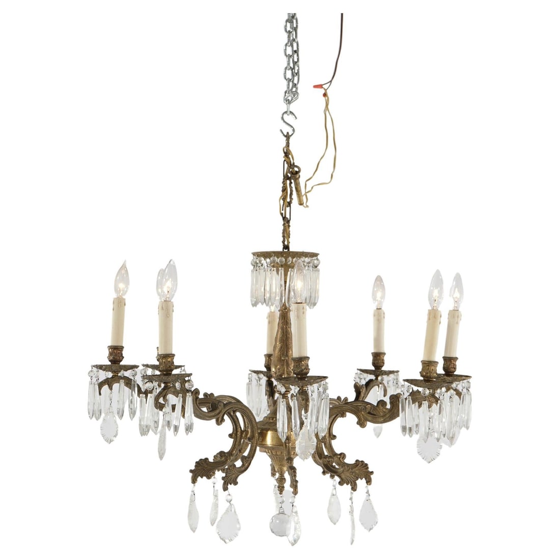 Antique French Style 8-Light Brass Bronze Crystal Chandelier c1940 (1 of 15)