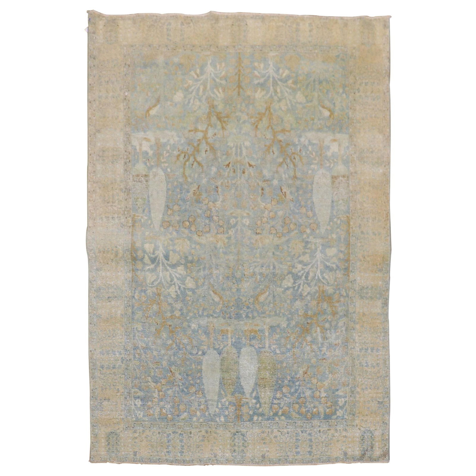 19th Century Light Blue Persian Tabriz Rug Hand-Woven Wool Folk Art: 19th Century Light Blue Persian Tabriz Rug Hand-Woven Wool Folk Art Discover the beauty of this 19th century Persian Tabriz pictorial rug, showcasing a captivating light blue color palette that adds a