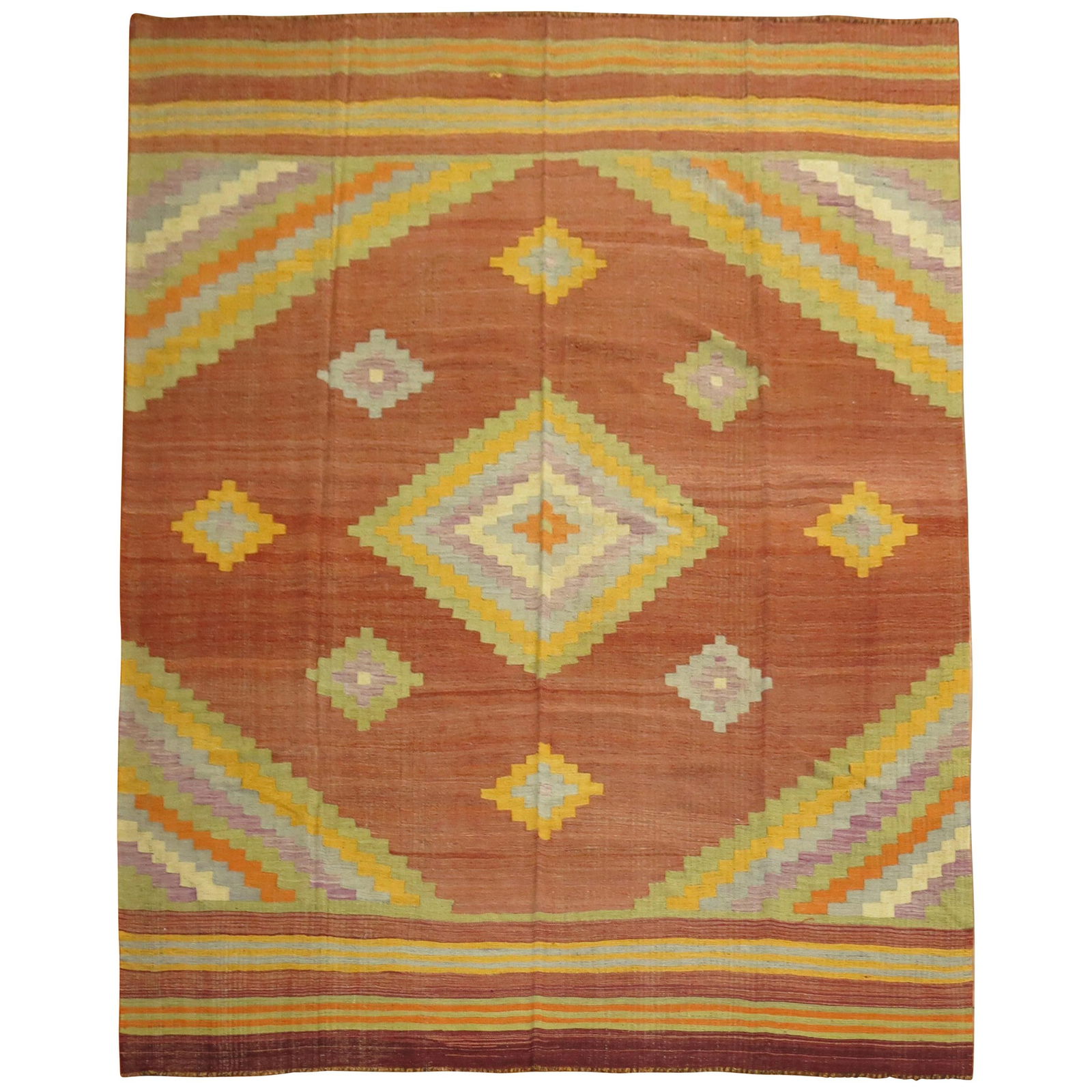 Mid-20th Century Turkish Kilim Wool Rug 9'4 x 11'5: Mid-20th Century Turkish Kilim Wool Rug 9'4 x 11'5 Enhance your space with this stunning mid-20th century Turkish Kilim rug, featuring a beautiful array of colors including lavender, blue-gray, yellow