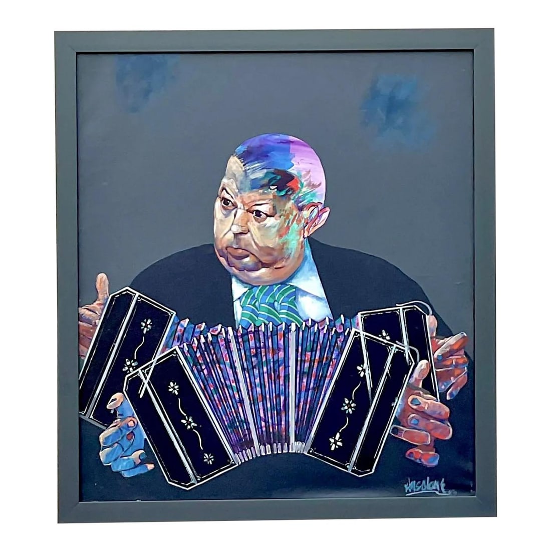 Vintage Boho Abstract Oil Painting Musician Accordion 34.75 x 39: Vintage Boho Abstract Oil Painting Musician Accordion 34.75 x 39 This vibrant vintage boho abstract figurative oil painting on canvas showcases a unique portrayal of a musician playing the accordion.