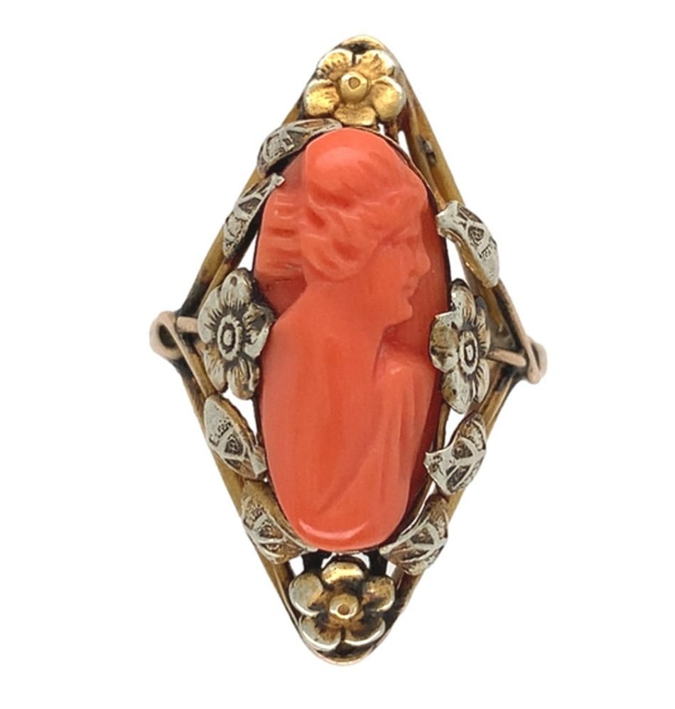 Antique 14k Gold Coral Cameo Ring Handwrought Floral Design (1 of 11)