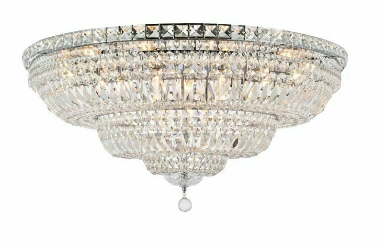 Tranquil 21-Light Chrome Flush Mount 36 Inch Crystal Fixture: Tranquil 21-Light Chrome Flush Mount 36 Inch Crystal Fixture Elevate your space with this stunning 21-light flush mount chandelier, featuring a polished chrome finish and exquisite royal cut crystals.