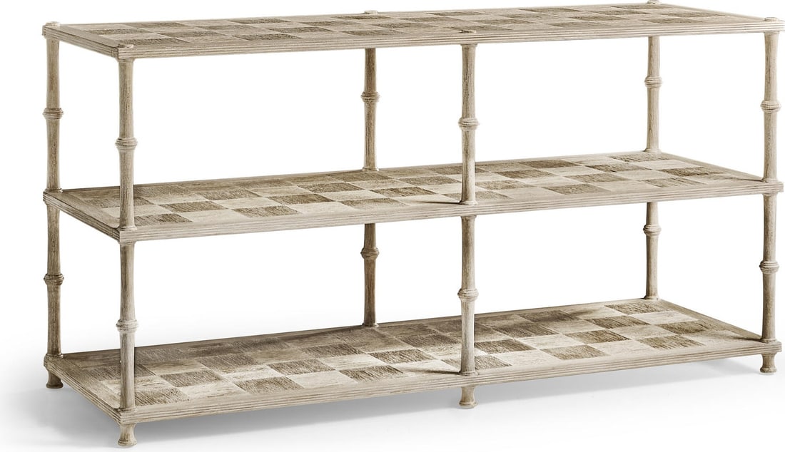 William Yeoward 3-Tier Console Table in Acacia Country Farmhouse Style: William Yeoward 3-Tier Console Table in Acacia Country Farmhouse Style Elevate your home decor with the William Yeoward 3-Tier Acacia Console Table, crafted in a charming country farmhouse style. This