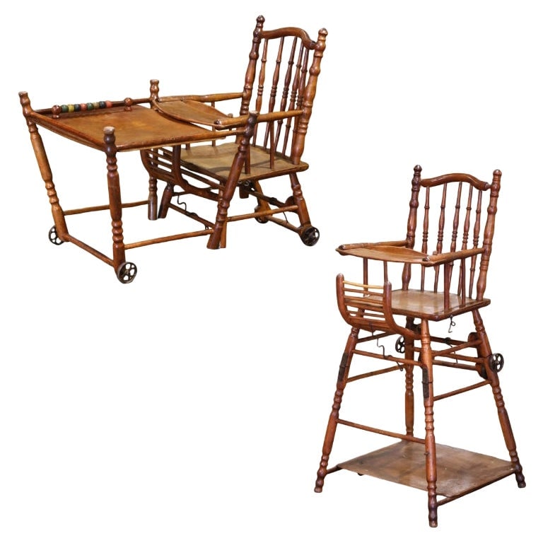 19th Century Louis Philippe Walnut Metamorphic High Chair Pram: 19th Century Louis Philippe Walnut Metamorphic High Chair Pram Discover a remarkable 19th-century French Louis Philippe metamorphic high chair, expertly crafted from solid walnut with a warm