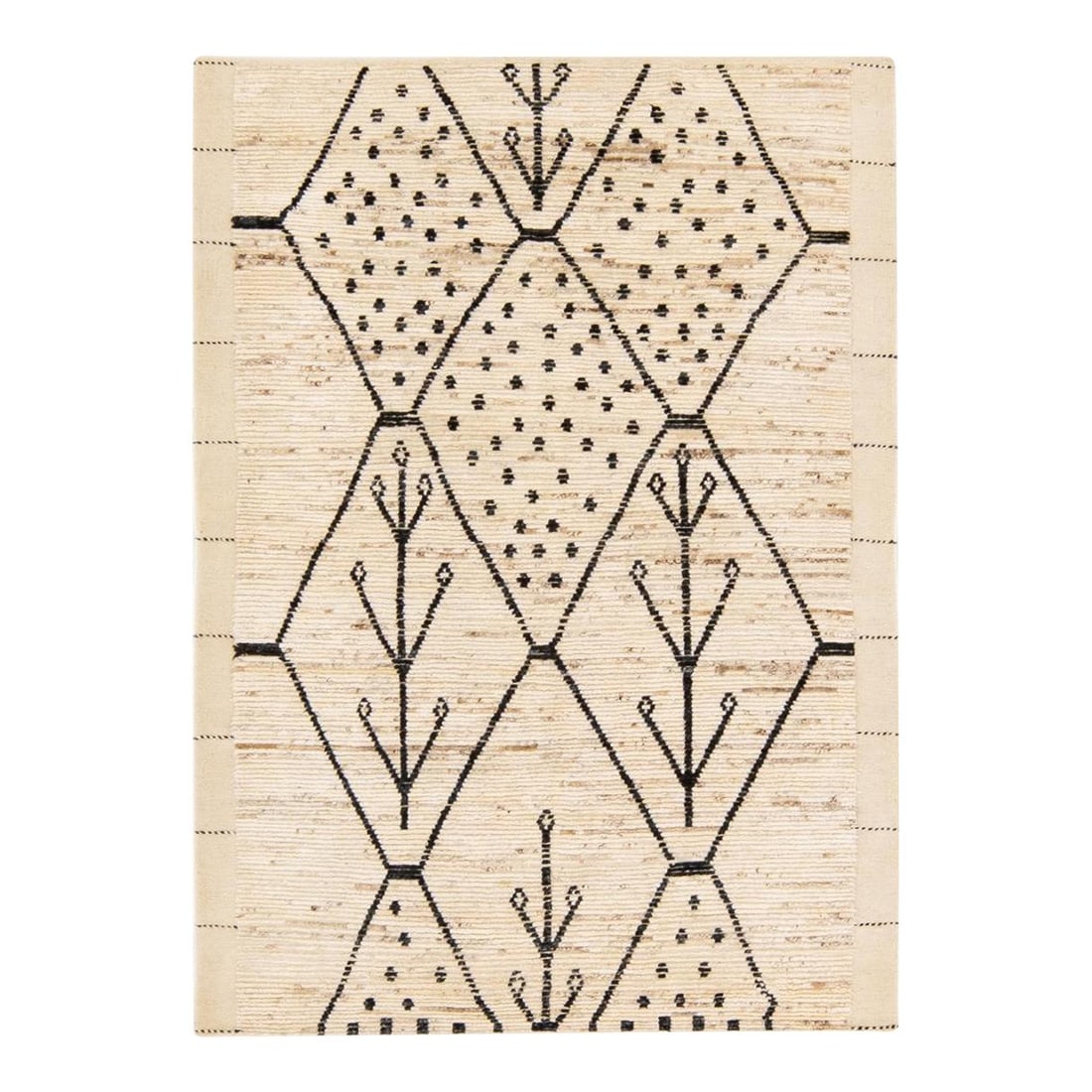 Handmade Beige Geometric Boho Wool Rug Modern Moroccan Style 4'9 x 6'10: Handmade Beige Geometric Boho Wool Rug Modern Moroccan Style 4'9 x 6'10 Elevate your living space with this stunning Modern Moroccan Style Handmade Wool Rug. Featuring a soft beige field adorned with