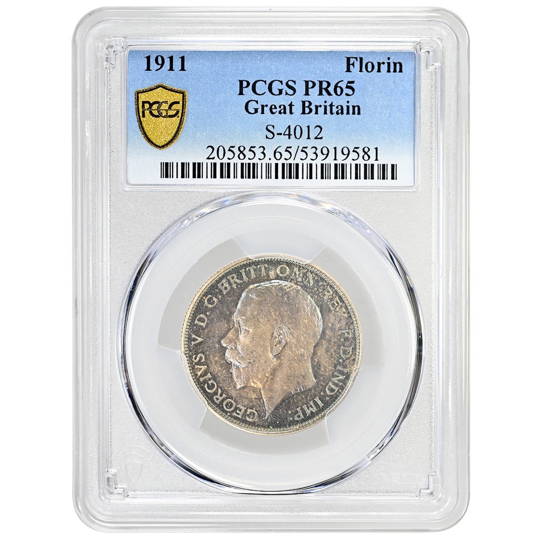 1911 George V Florin Silver Coin PCGS PR65 Rare: 1911 George V Florin Silver Coin PCGS PR65 Rare This stunning 1911 Florin featuring King George V is a rare coin that has been certified by PCGS with a grade of PR65, indicating its excellent
