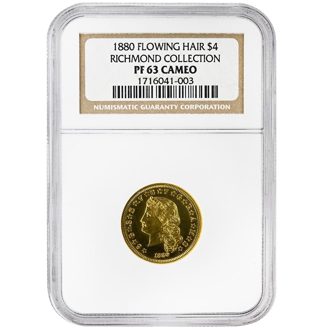 1880 Flowing Hair $4 Gold Stella NGC PF63 Cameo Proof Philadelphia: 1880 Flowing Hair $4 Gold Stella NGC PF63 Cameo Proof Philadelphia This is a rare 1880 $4 Stella Flowing Hair gold coin, certified by NGC with a grade of PF63CAMEO. Struck in Philadelphia, this proof
