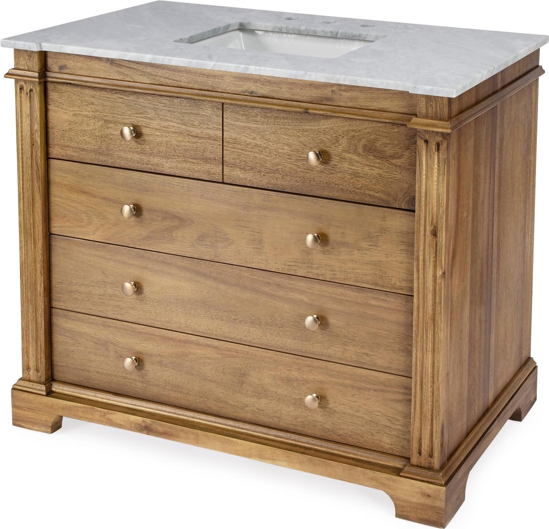 Butler Rachelle Bathroom Vanity Acacia Carrara Marble 35H 42W 22D: Butler Rachelle Bathroom Vanity Acacia Carrara Marble 35H 42W 22D Introducing the Butler Rachelle Bathroom Vanity, where elegance seamlessly merges with functionality. This striking rectangular vanity