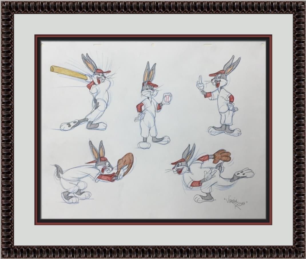 Virgil Ross Signed Bugs Bunny Model Sheet Original Framed Artwork: Virgil Ross Signed Bugs Bunny Model Sheet Original Framed Artwork This original signed model sheet drawing features the beloved character Bugs Bunny, illustrated by legendary animator Virgil Ross. Ren