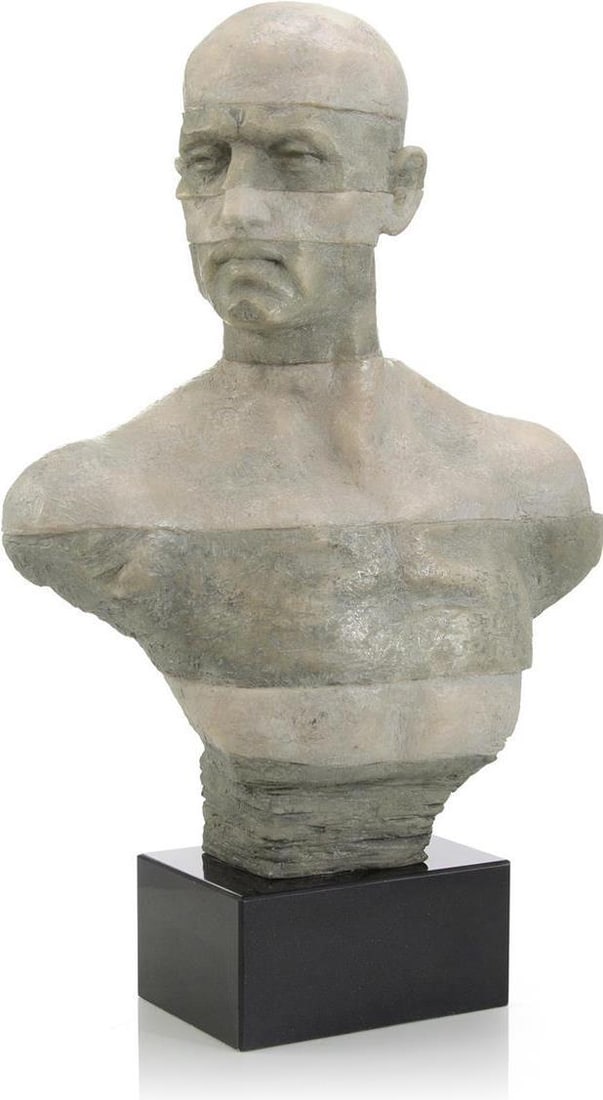 John-Richard Greek Style Bust Sculpture on Marble Stand: John-Richard Greek Style Bust Sculpture on Marble Stand This elegant Greek-style bust sculpture, crafted by John-Richard, showcases a sophisticated two-tone gray finish. Standing at a height of 31.75