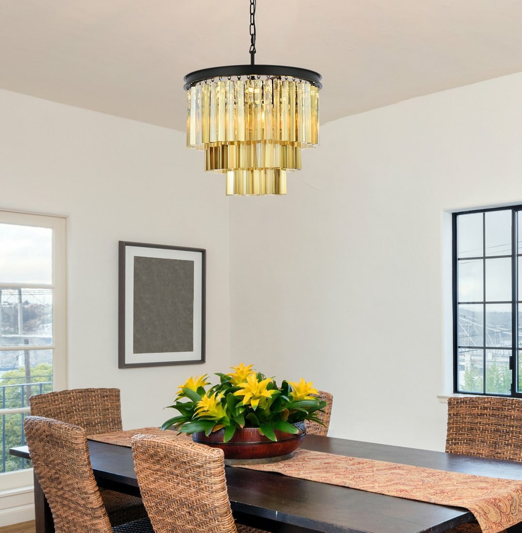 Sydney 9-Light Modern Crystal Chandelier With Matte Black and Golden Teak Accents 20 Inch: Sydney 9-Light Modern Crystal Chandelier With Matte Black and Golden Teak Accents 20 Inch This modern crystal chandelier features a matte black frame with golden teak royal cut crystals, creating a st