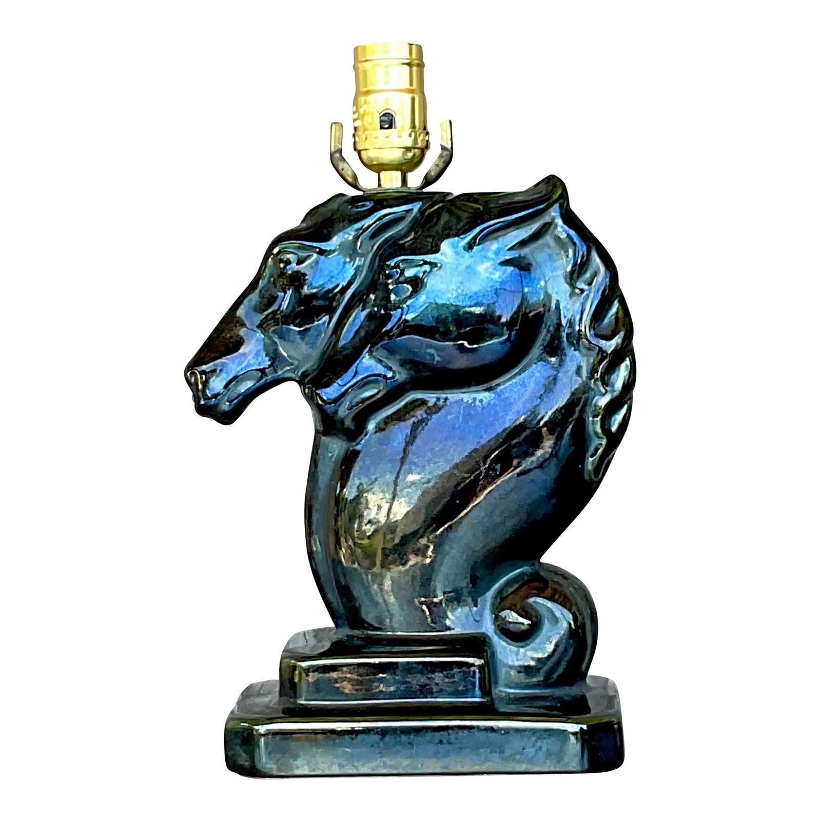 Chic Vintage Boho Double Horse Head Ceramic Lamp Black: Chic Vintage Boho Double Horse Head Ceramic Lamp Black Illuminate your space with this fabulous vintage Boho table lamp featuring a unique double horse head design. The lamp showcases a chic glazed ce