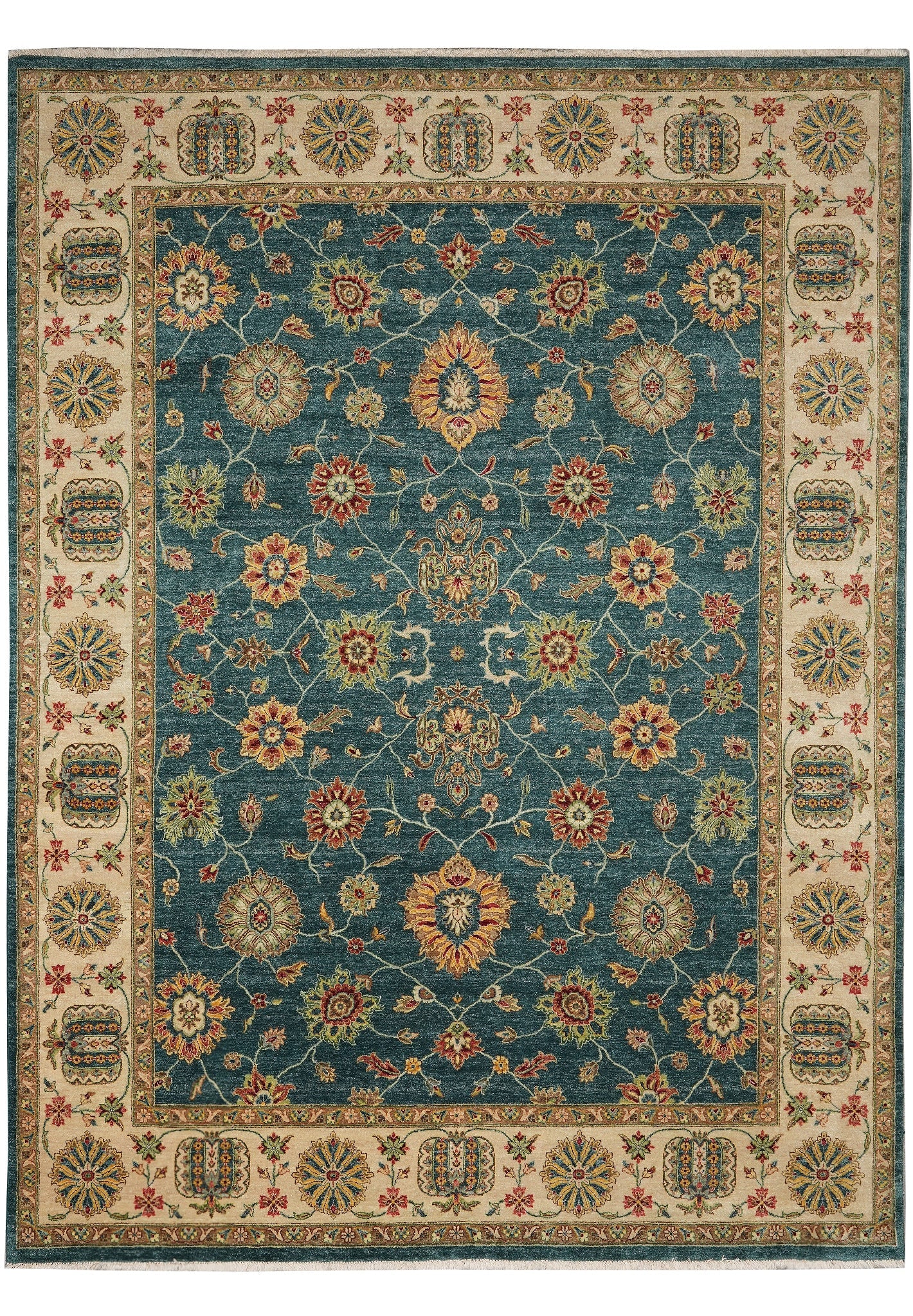 8.9 x 11.7 Teal Green Blue Handmade Wool Rug Intricate Floral Motifs (1 of 12)