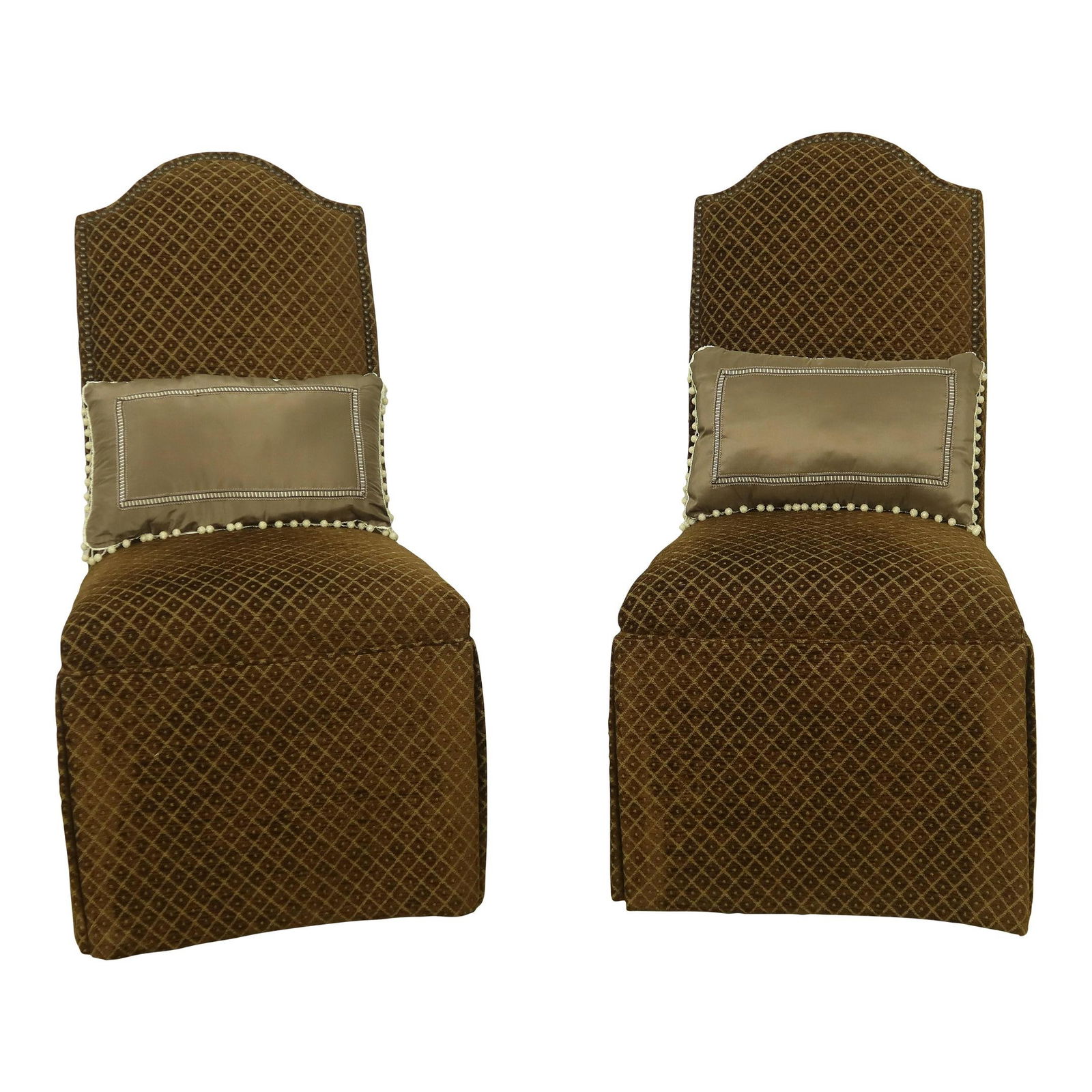 Exquisite Custom Kravet Upholstered Host Chairs Pair with Pillows: Exquisite Custom Kravet Upholstered Host Chairs Pair with Pillows This pair of Design Master custom upholstered host chairs features exquisite Kravet upholstery, offering both style and comfort. Craft