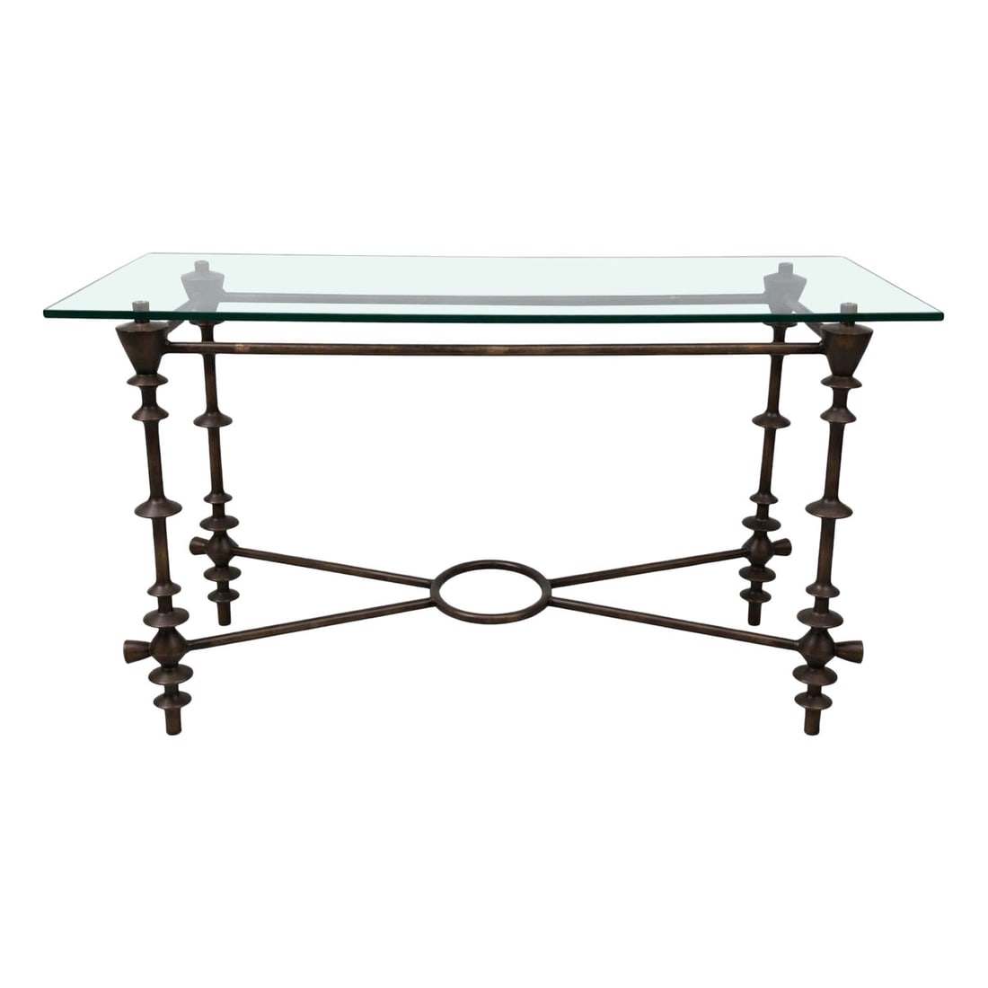 Set of 2 Modern Patinated Bronzed Metal and Glass Console Tables Giacometti Style (1 of 10)