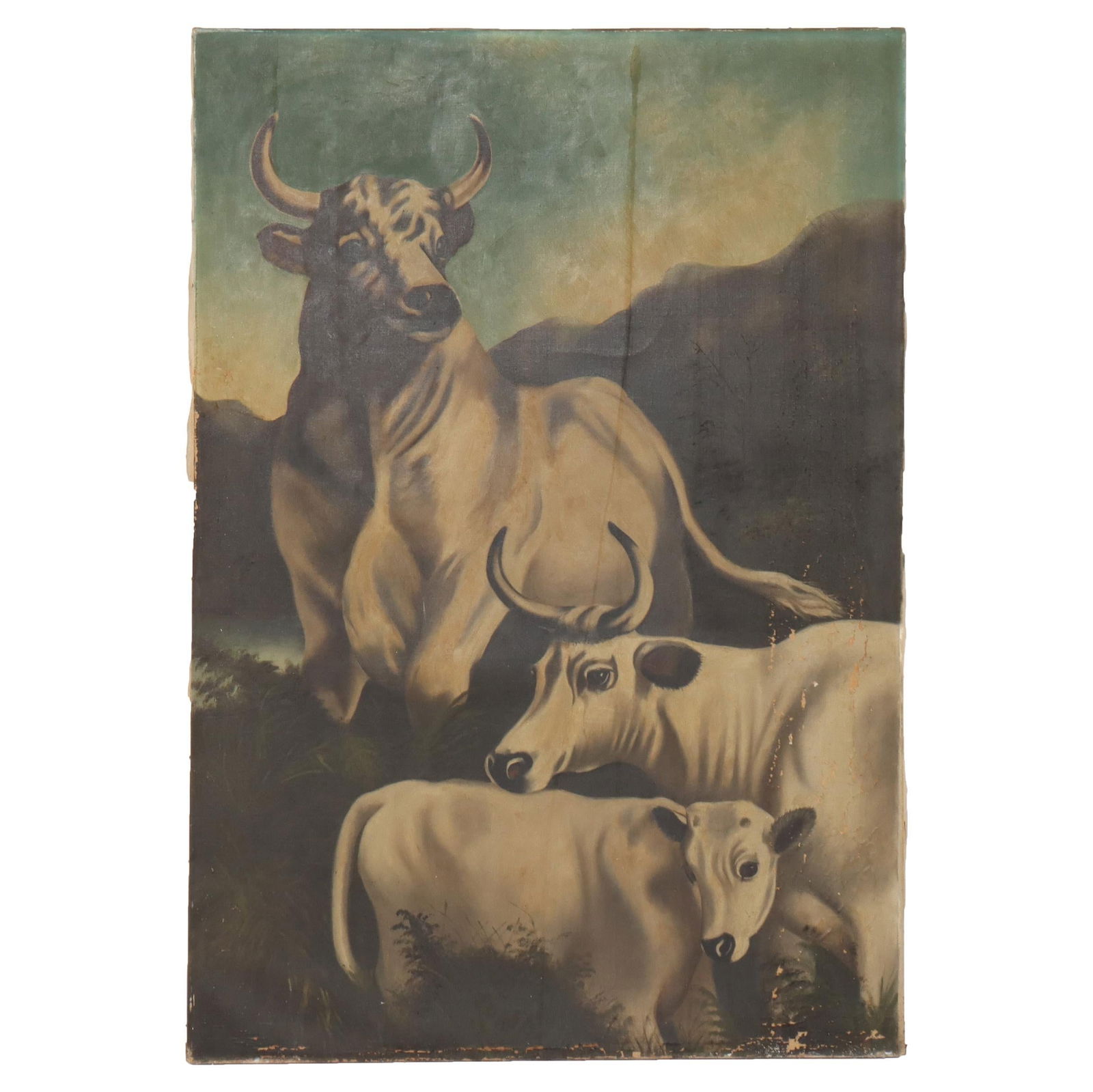Large Antique Oil Painting of Steers Western Theme C1900: Large Antique Oil Painting of Steers Western Theme C1900 This large antique oil on canvas painting, created circa 1900, features a captivating western-themed scene depicting three steers against a mou