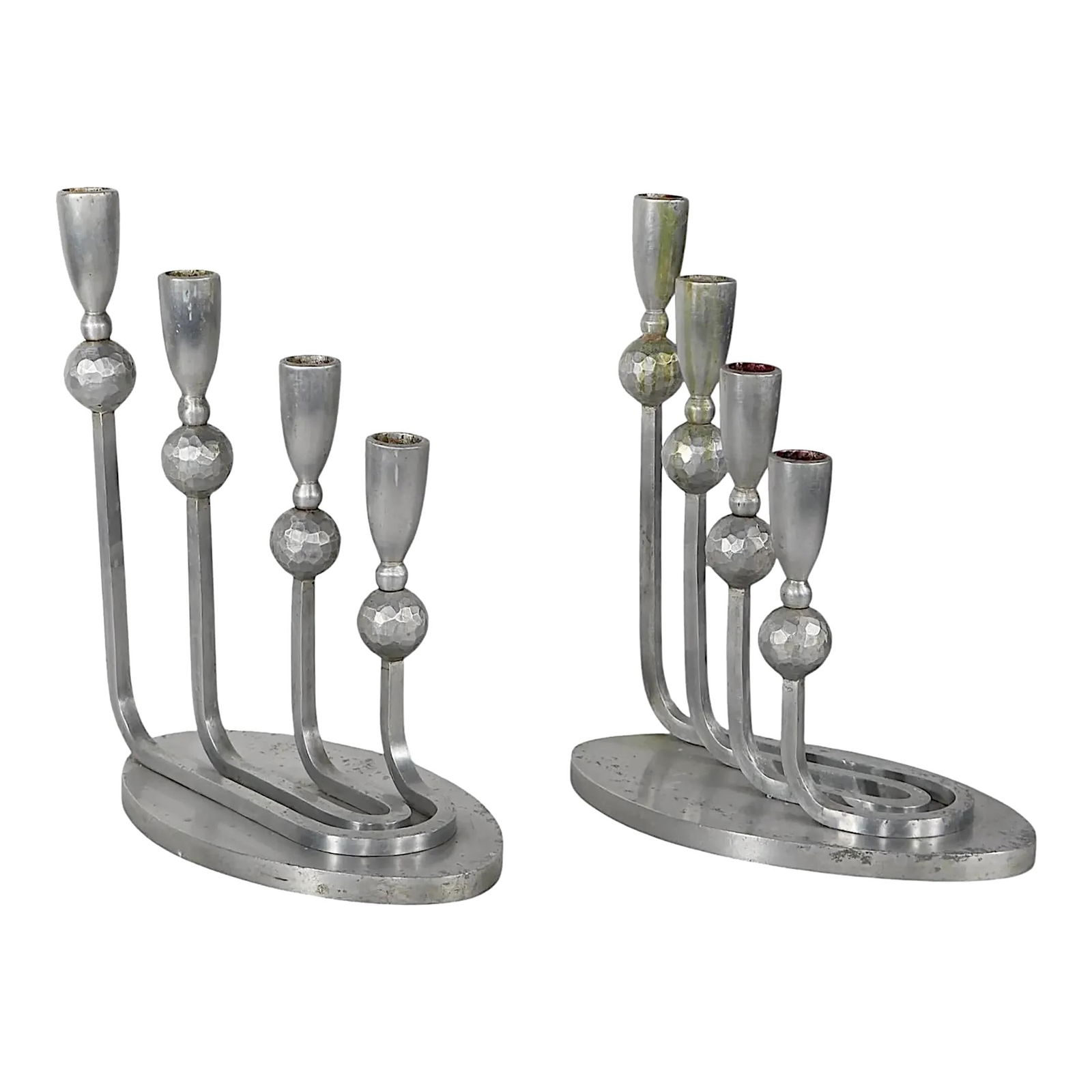 Art Deco Palmer Smith Four Light Candlesticks Aluminum Pair: Art Deco Palmer Smith Four Light Candlesticks Aluminum Pair This striking pair of Art Deco candlesticks, crafted by the renowned American metalworking shop Palmer Smith (Model 173 B, 1939-41), showcas