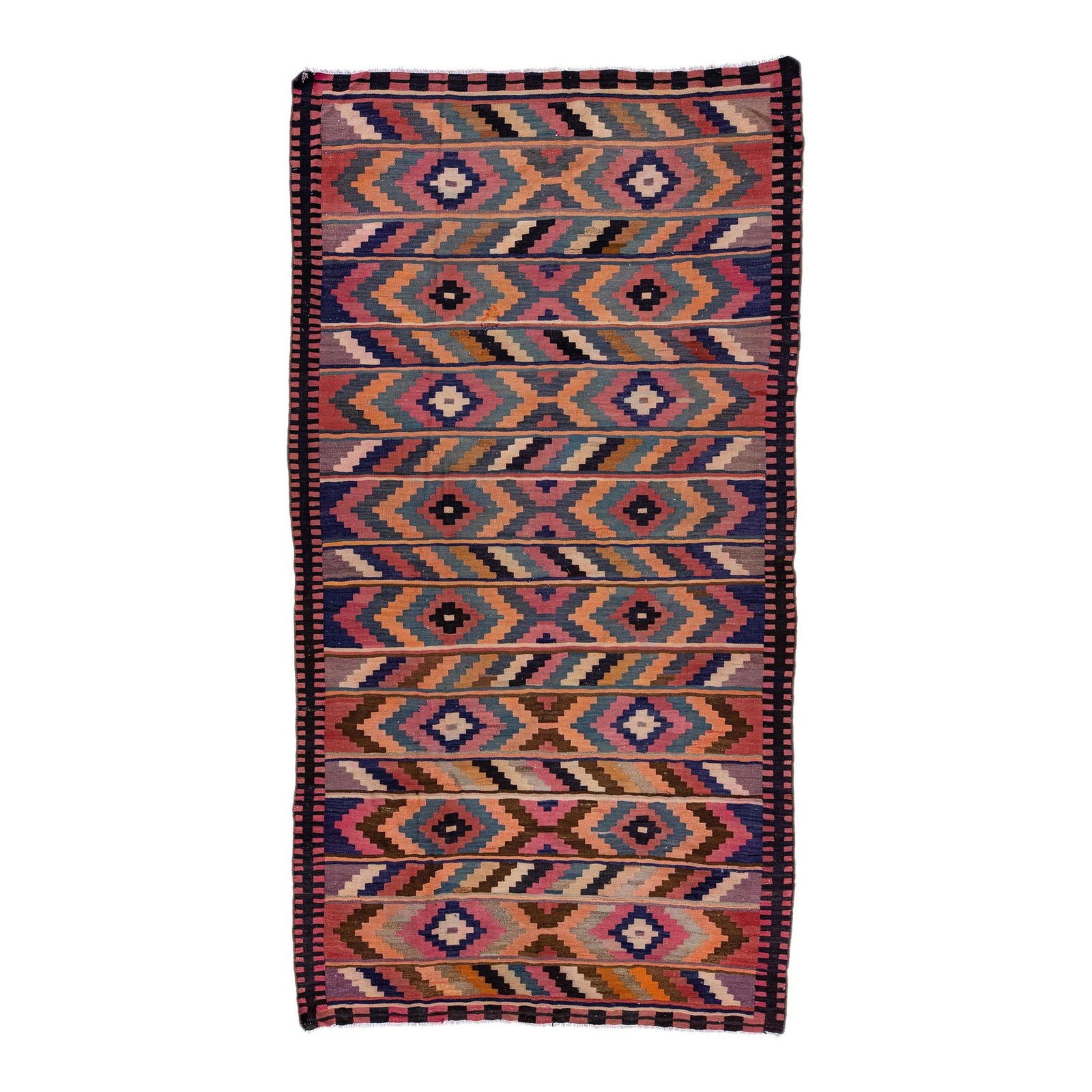 1960s Turkish Kilim Handmade Wool Rug Multicolor Tribal Design 6'6 x 12'4: 1960s Turkish Kilim Handmade Wool Rug Multicolor Tribal Design 6'6 x 12'4 This stunning vintage Turkish Kilim rug is expertly hand-knotted from high-quality wool and features a rich purple field accen