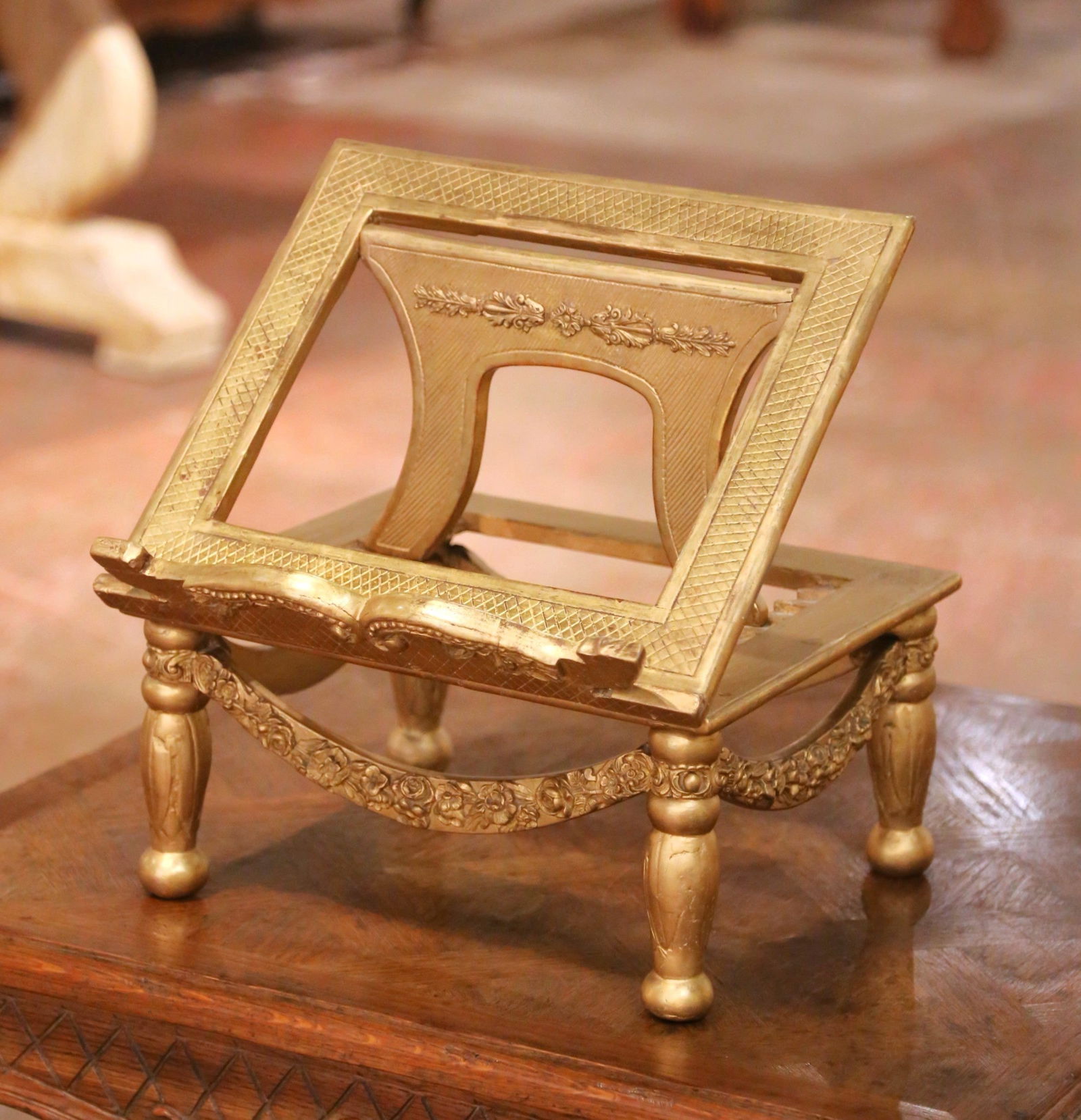 French Louis XVI Giltwood Adjustable Lectern Book Stand Circa 1880: French Louis XVI Giltwood Adjustable Lectern Book Stand Circa 1880 This elegant 19th century French Louis XVI book stand, crafted circa 1880, features finely hand-carved giltwood with intricate neocla