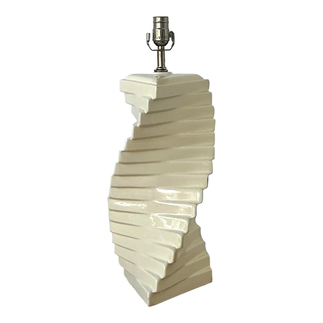 1980s Spiral Glazed Ceramic Table Lamp With Stepped Geometric Design: 1980s Spiral Glazed Ceramic Table Lamp With Stepped Geometric Design This vintage table lamp showcases a bold postmodern geometric design with a high-gloss glazed ceramic construction. Its dramatic sp