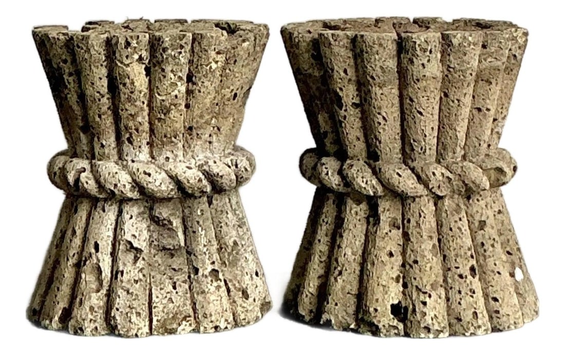 Pair of Hand-Carved Coquina Stone Garden Stools with Wheat Motif: Pair of Hand-Carved Coquina Stone Garden Stools with Wheat Motif This pair of vintage coquina stone side tables features a hand-carved design with a classic sheaf of wheat motif bound by a sculpted ro