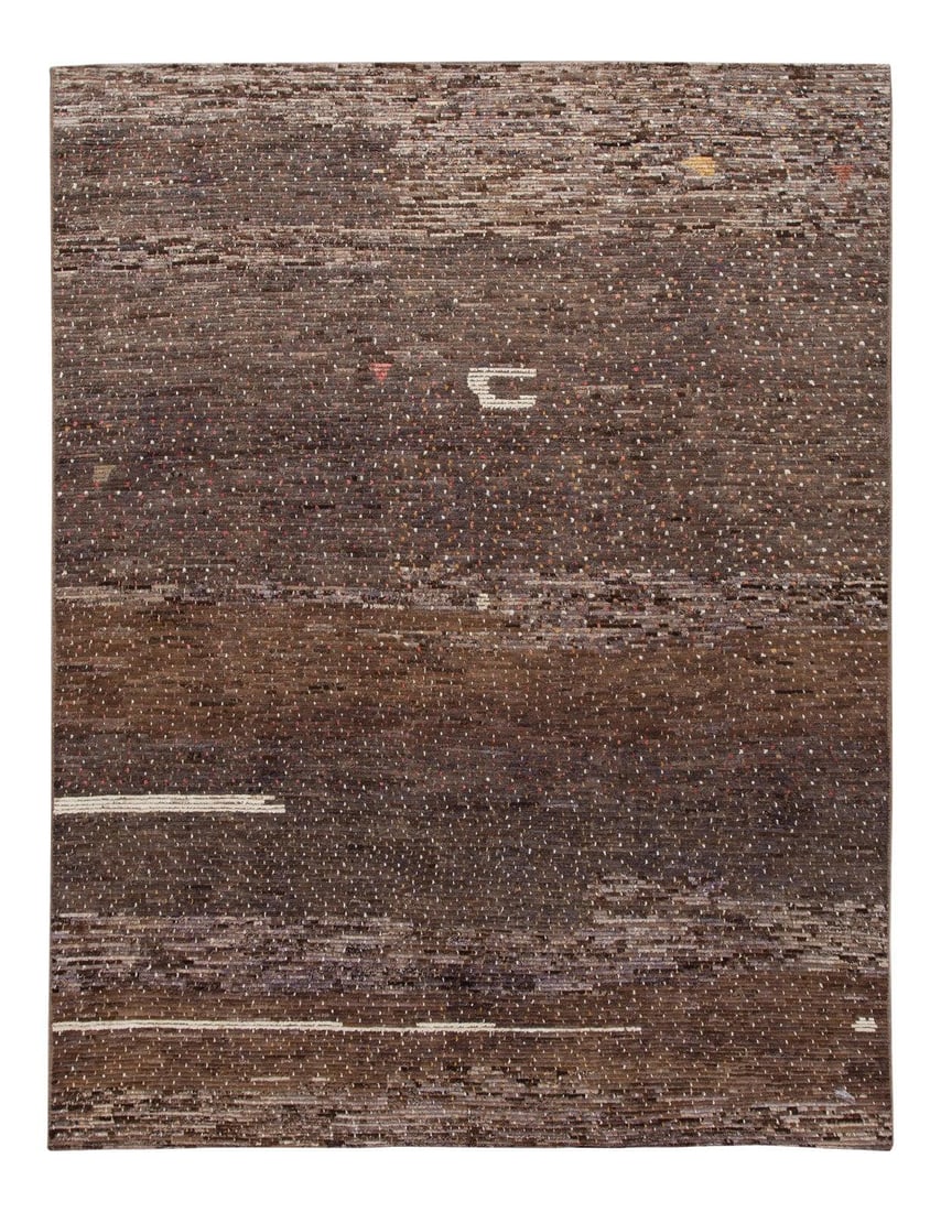 Hand-Knotted Moroccan Wool Rug 9'9 x 12'8 Abstract Design Brown: Hand-Knotted Moroccan Wool Rug 9'9 x 12'8 Abstract Design Brown Enhance your living space with this stunning Moroccan-style hand-knotted wool rug, featuring a beautiful brownfield hue. The rug showcas