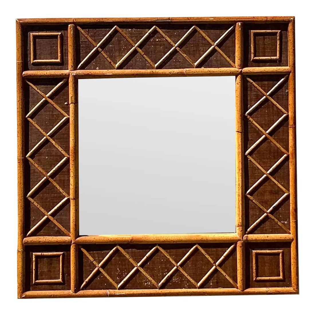Vintage Coastal Trellis Rattan Wall Mirror 37 Inch Square: Vintage Coastal Trellis Rattan Wall Mirror 37 Inch Square Enhance your living space with this exquisite vintage coastal trellis rattan mirror. Showcasing a striking trellis design with geometric squar