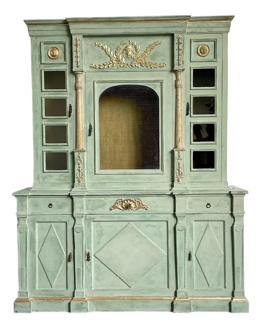 Neoclassical Painted Breakfront Cabinet With Gilt Laurel Detailing And Wire Grille (1 of 10)