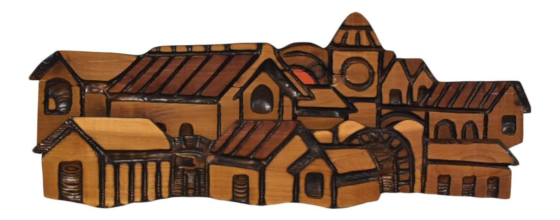 1970s Handmade Impressionist Pine Wall Art 48x19 Orange: 1970s Handmade Impressionist Pine Wall Art 48x19 Orange This stunning 1970s Impressionist Sculpted Wall Art features a beautifully crafted depiction of a town setting, meticulously handmade from route