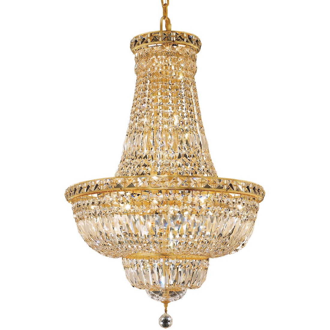 Tranquil Empire 21-Light Gold Crystal Chandelier for Dining or Kitchen: Tranquil Empire 21-Light Gold Crystal Chandelier for Dining or Kitchen This modern empire-style chandelier features a gold finish frame adorned with clear royal cut crystals, offering a sophisticated