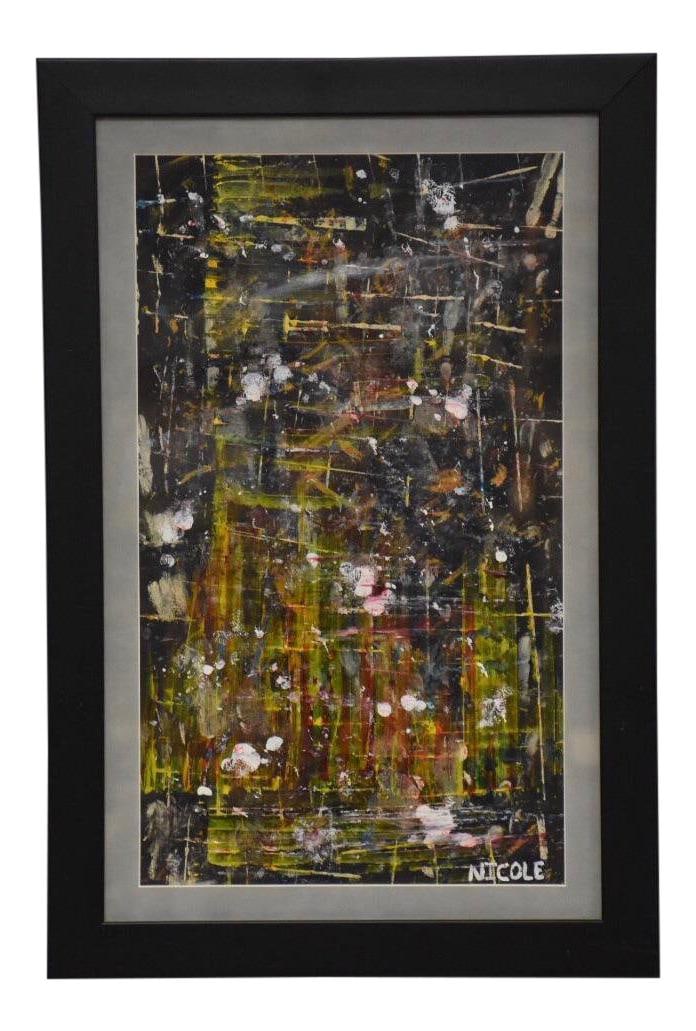 1970s Colorful Abstract Oil Painting by Nicole: 1970s Colorful Abstract Oil Painting by Nicole This stunning 1970s abstract oil painting, signed by the artist Nicole, features a vibrant and colorful design that will enhance any space. The artwork i