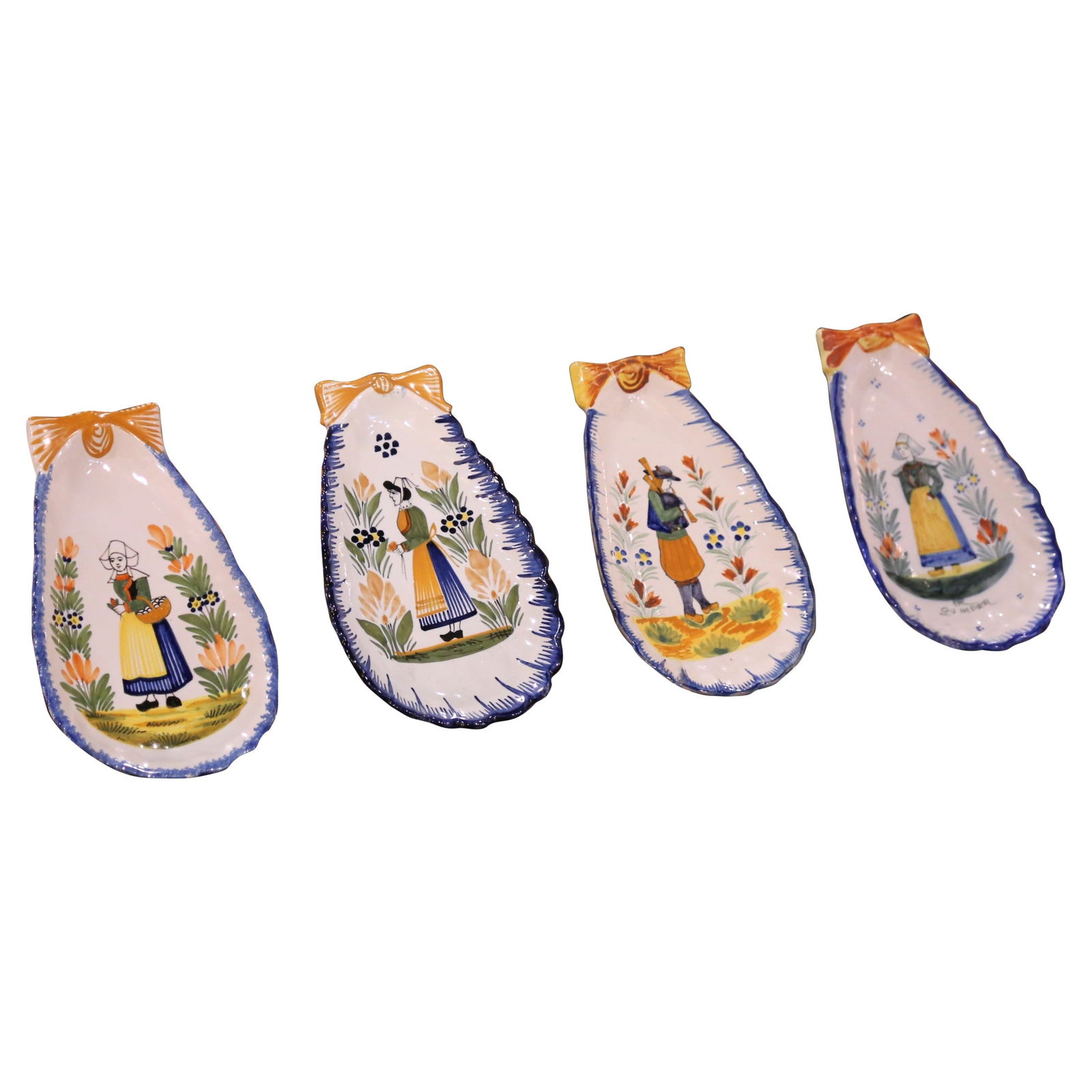 Set of 4 Early 20th Century Henriot Quimper Hand-Painted Faience Dishes: Set of 4 Early 20th Century Henriot Quimper Hand-Painted Faience Dishes Enhance your decor with this exquisite set of four Early 20th Century French hand-painted faience dishes from Henriot Quimper. C