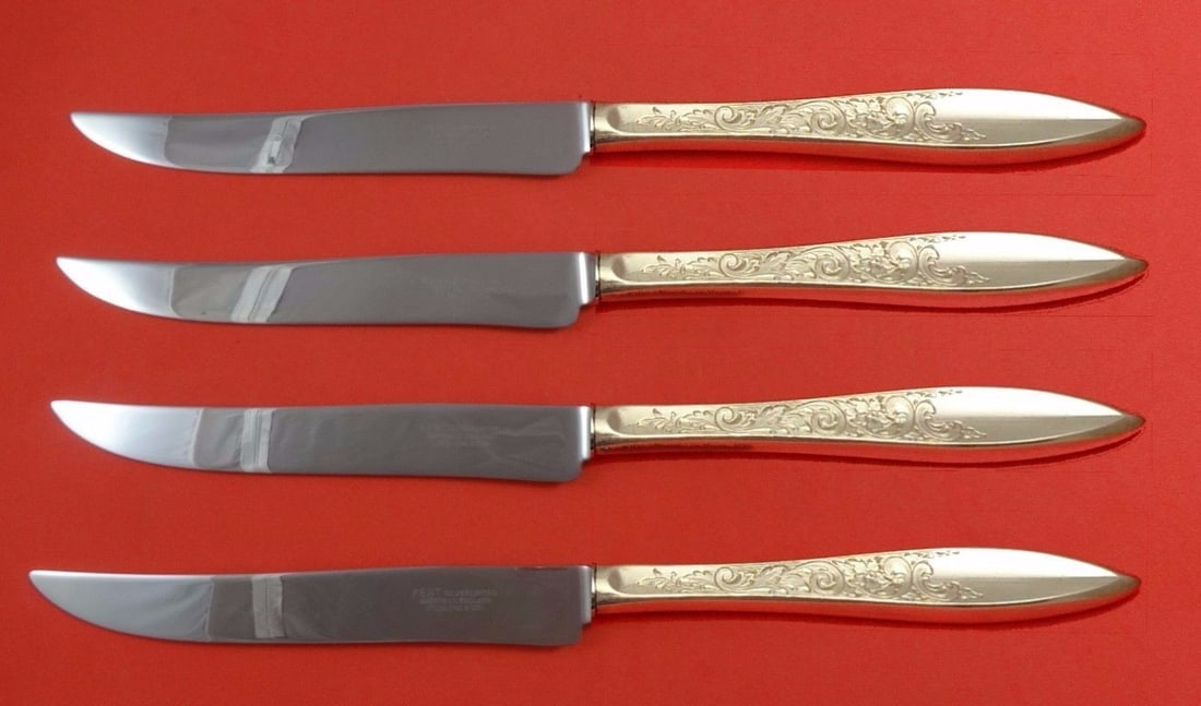 Gorham White Paisley Sterling Silver Steak Knife Set 4pc Texas Sized: Gorham White Paisley Sterling Silver Steak Knife Set 4pc Texas Sized Elevate your dining experience with this exquisite 4-piece steak knife set from Gorham, featuring the elegant White Paisley pattern