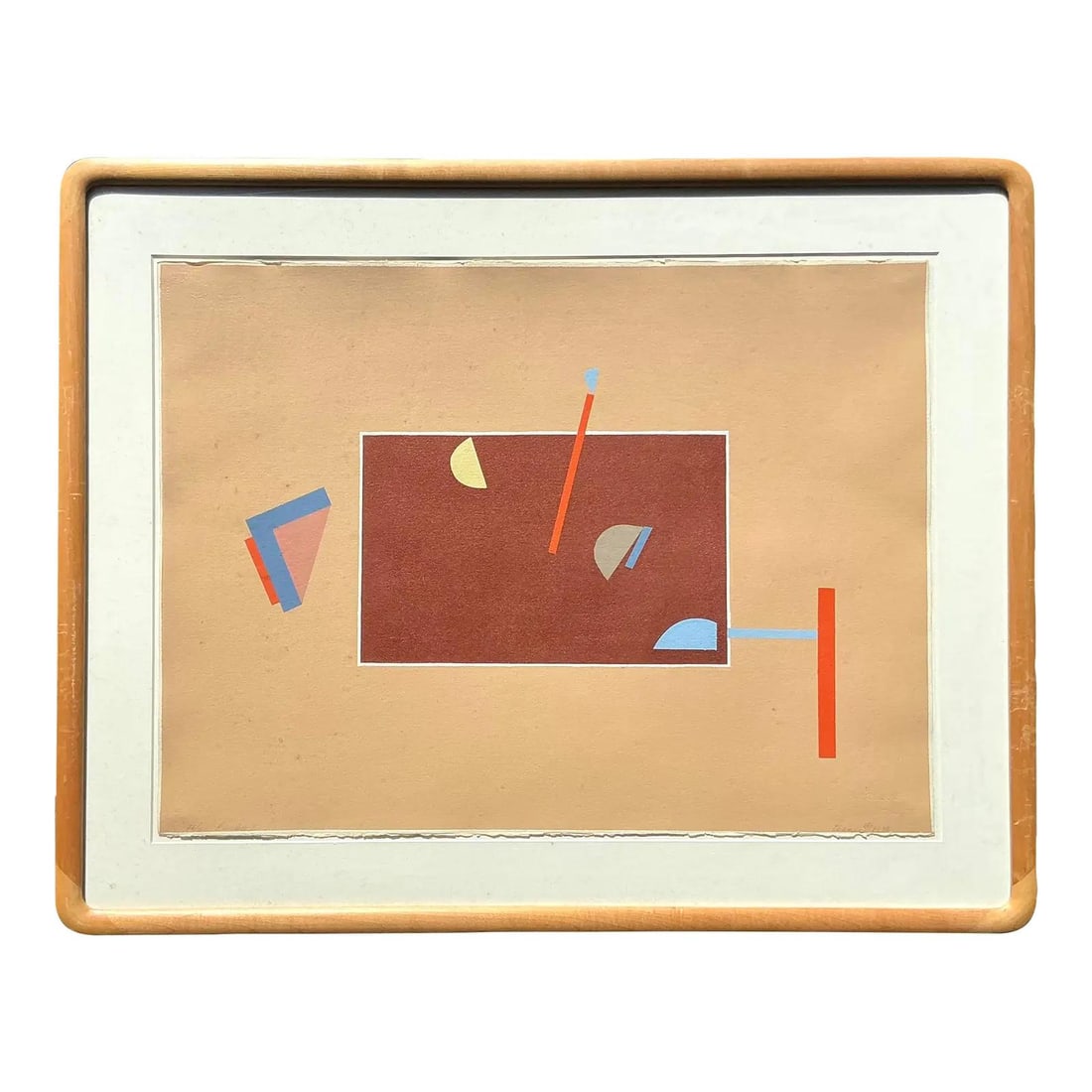 Signed 1980 Geometric Abstract Lithograph in Light Wood Frame: Signed 1980 Geometric Abstract Lithograph in Light Wood Frame This vintage abstract geometric lithograph on paper, signed and dated 1980, features a composition of floating triangles, arcs, and linear