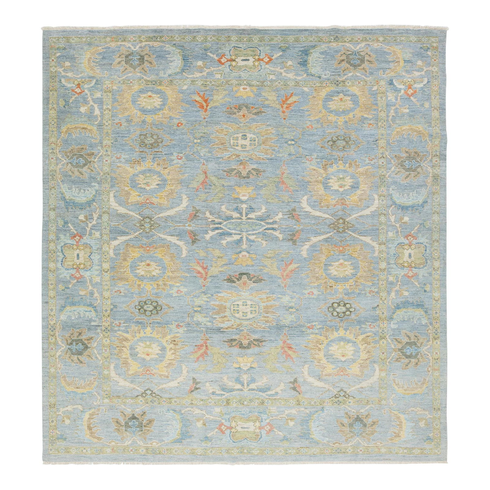 Hand-Knotted Floral Wool Rug Light Blue 10'5 x 11'2: Hand-Knotted Floral Wool Rug Light Blue 10'5 x 11'2 Discover the beauty of this hand-knotted Sultanabad wool rug, featuring a tranquil light blue background adorned with vibrant, multicolored floral d